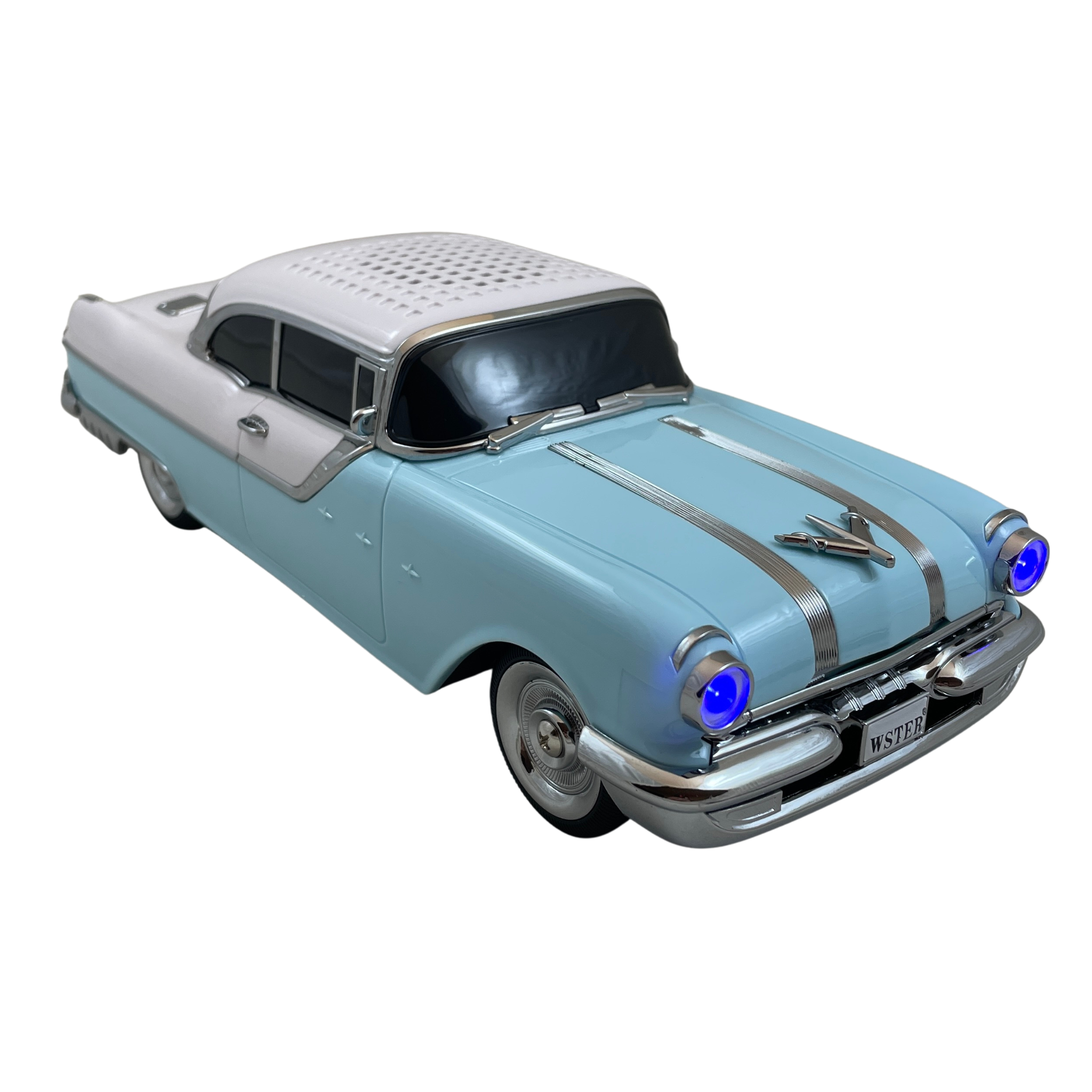 Masina-Boxa Pontiac 1955, cu Bluetooth, MP3, USB, Card TF, U Disk, Radio FM, HIFI Stereo, din Plastic, 28 cm - Albastru