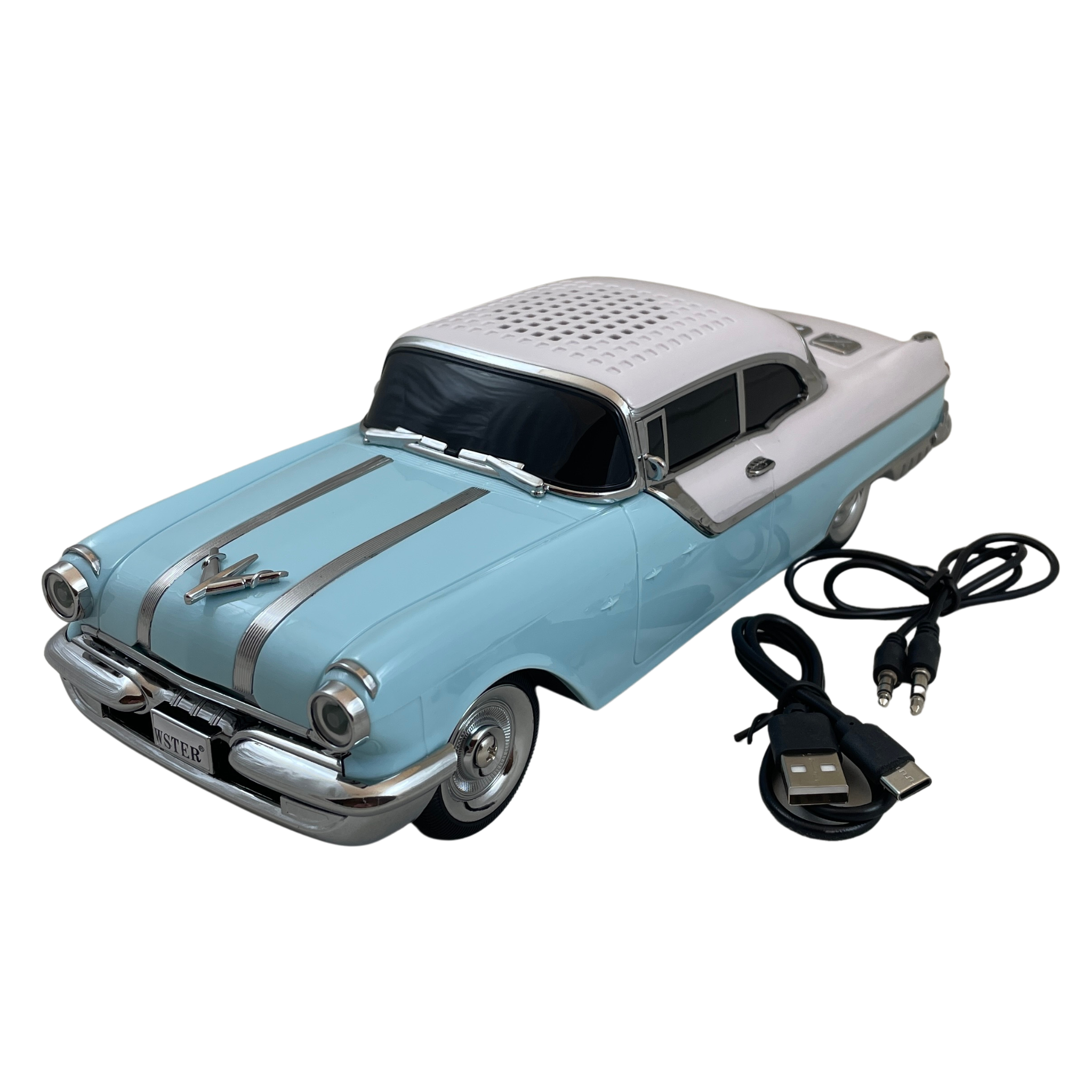 Masina-Boxa Pontiac 1955, cu Bluetooth, MP3, USB, Card TF, U Disk, Radio FM, HIFI Stereo, din Plastic, 28 cm - Albastru