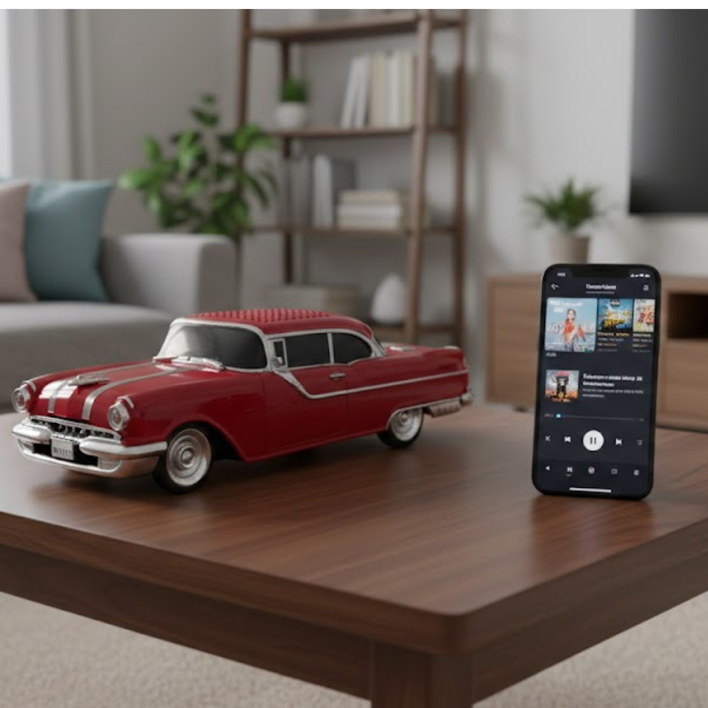 Masina-Boxa Pontiac 1955, cu Bluetooth, MP3, USB, Card TF, U Disk, Radio FM, HIFI Stereo, din Plastic, 28cm - Rosu