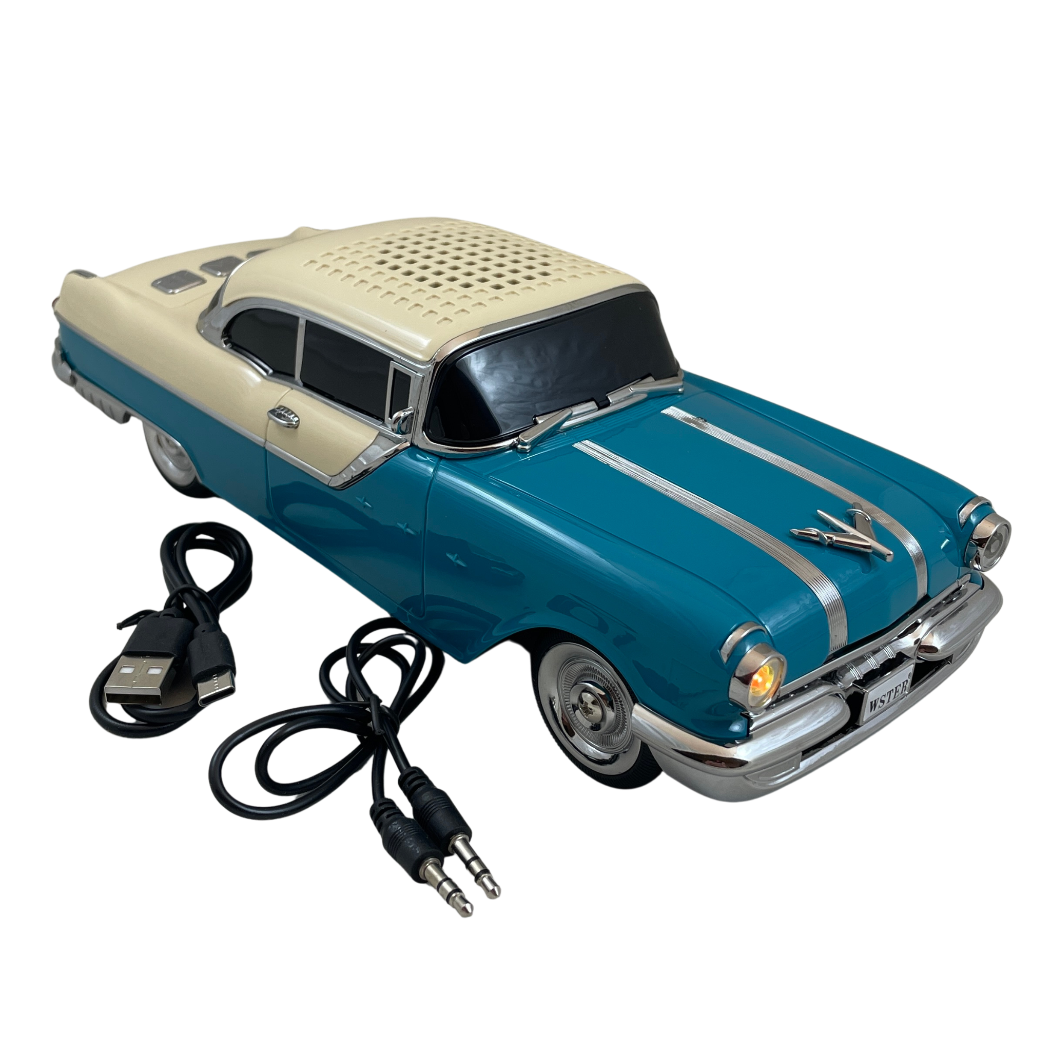Masina-Boxa Pontiac 1955, cu Bluetooth, MP3, USB, Card TF, U Disk, Radio FM, HIFI Stereo, din Plastic, 28cm - Emerald