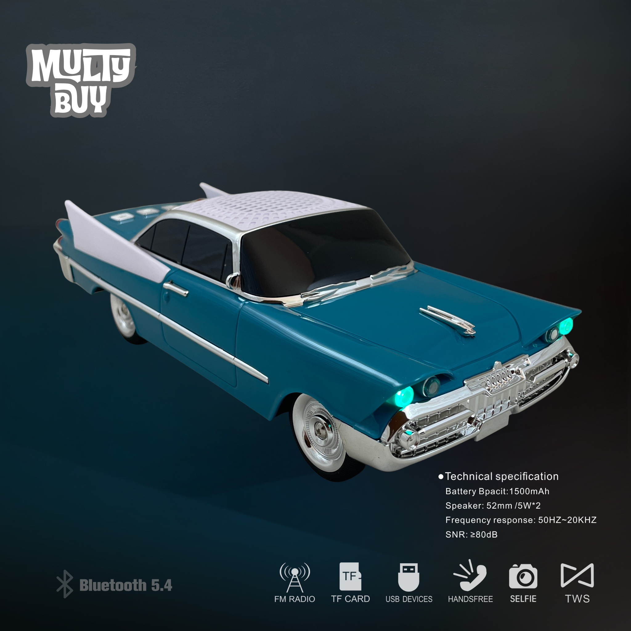 Masina-Boxa Dodge 59, cu Bluetooth, MP3, USB, Card TF, U Disk, Radio FM, HIFI Stereo, 28cm, din Plastic - Emerald