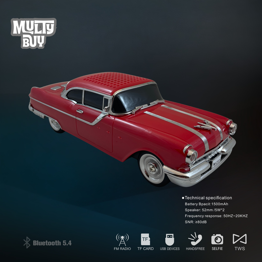 Masina-Boxa Pontiac 1955, cu Bluetooth, MP3, USB, Card TF, U Disk, Radio FM, HIFI Stereo, din Plastic, 28cm - Rosu