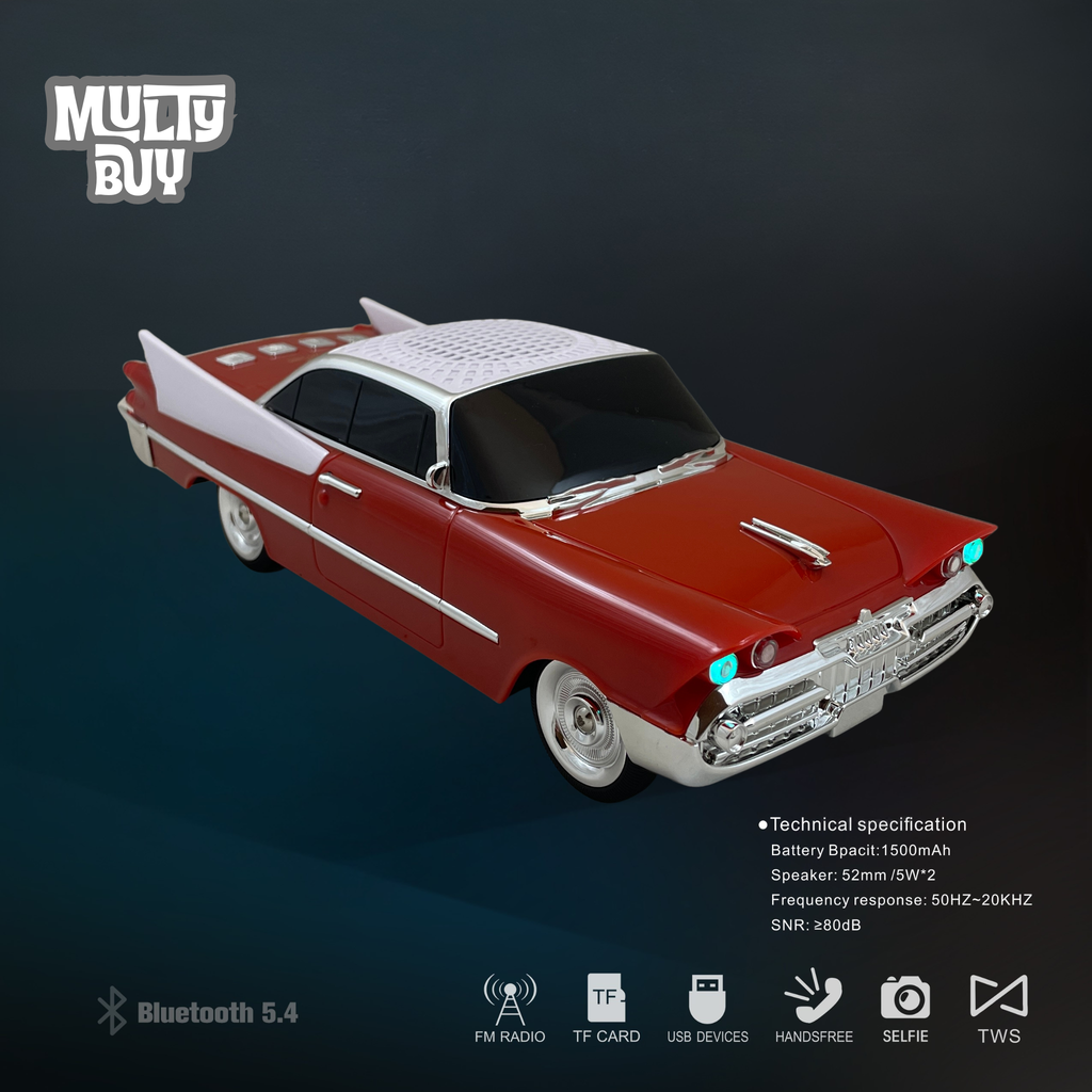 Boxă Portabilă Bluetooth Retro Car WS-1965 – Design Clasic American, FM, TWS, USB, LED, Roșu-Portocaliu