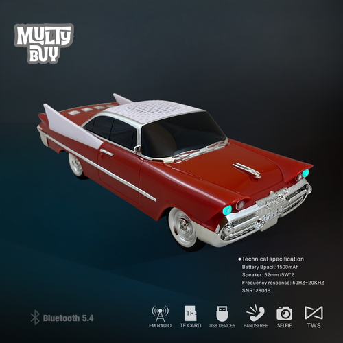 Boxă Portabilă Bluetooth Retro Car WS-1965 – Design Clasic American, FM, TWS, USB, LED, Roșu-Portocaliu