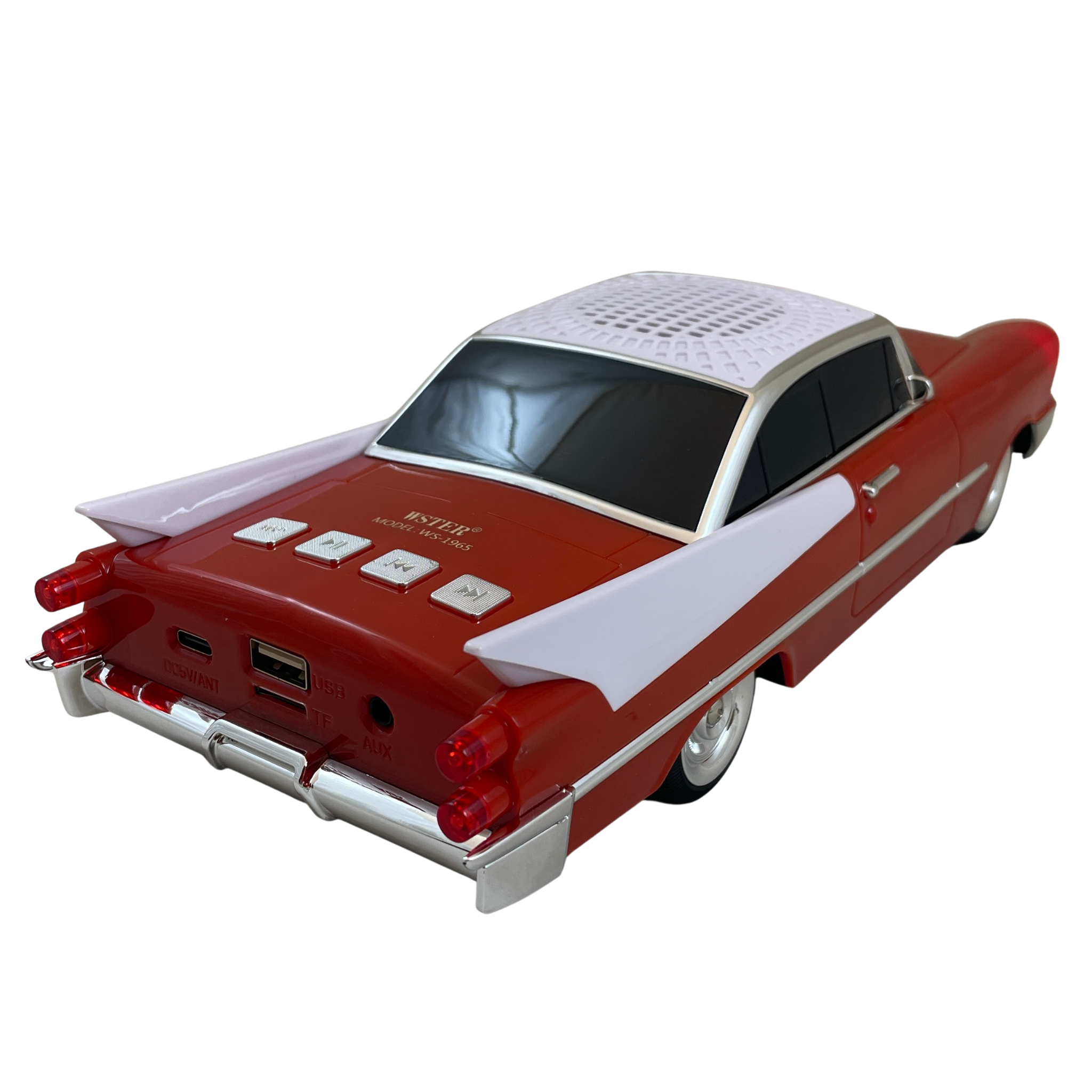 Boxă Portabilă Bluetooth Retro Car WS-1965 – Design Clasic American, FM, TWS, USB, LED, Roșu-Portocaliu