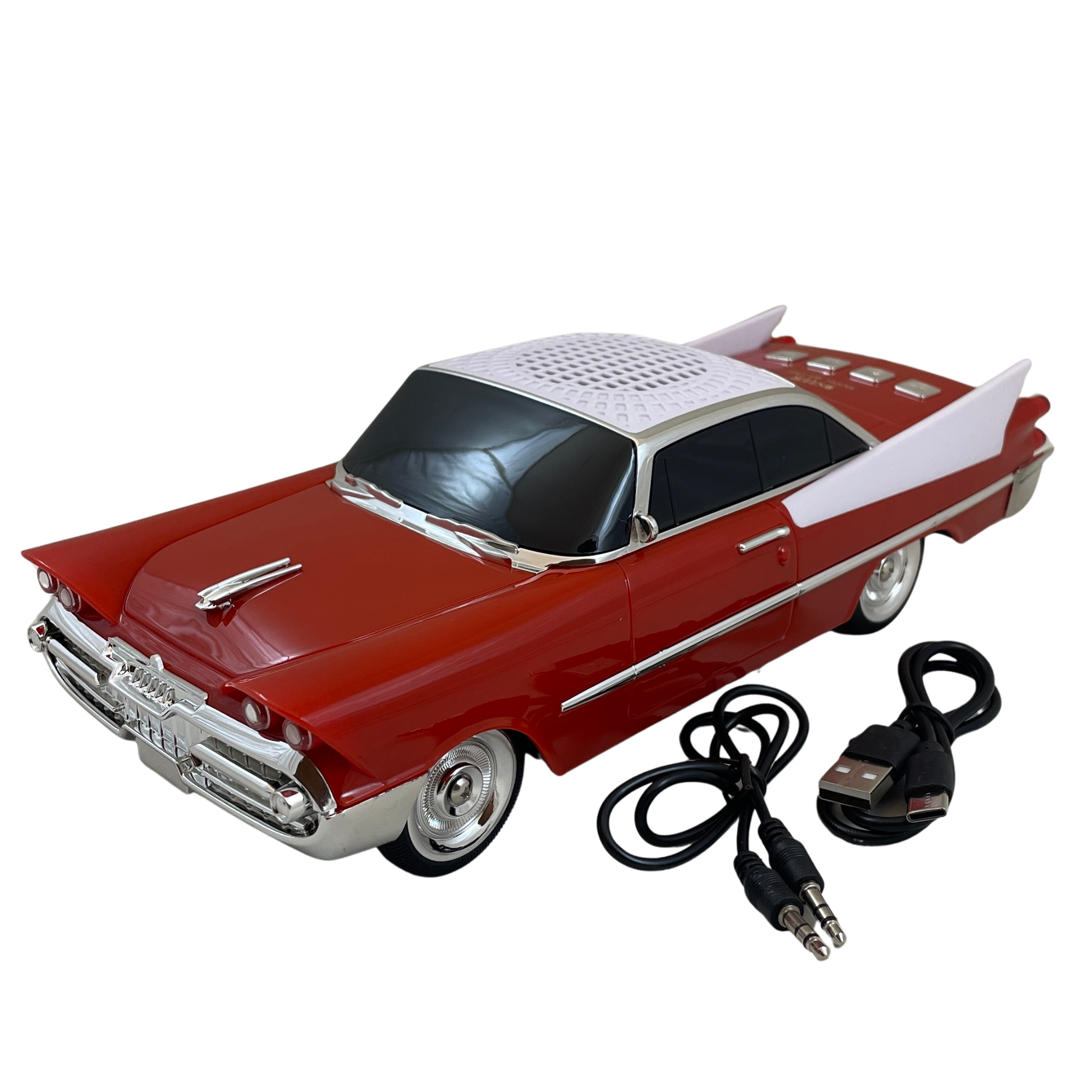 Boxă Portabilă Bluetooth Retro Car WS-1965 – Design Clasic American, FM, TWS, USB, LED, Roșu-Portocaliu
