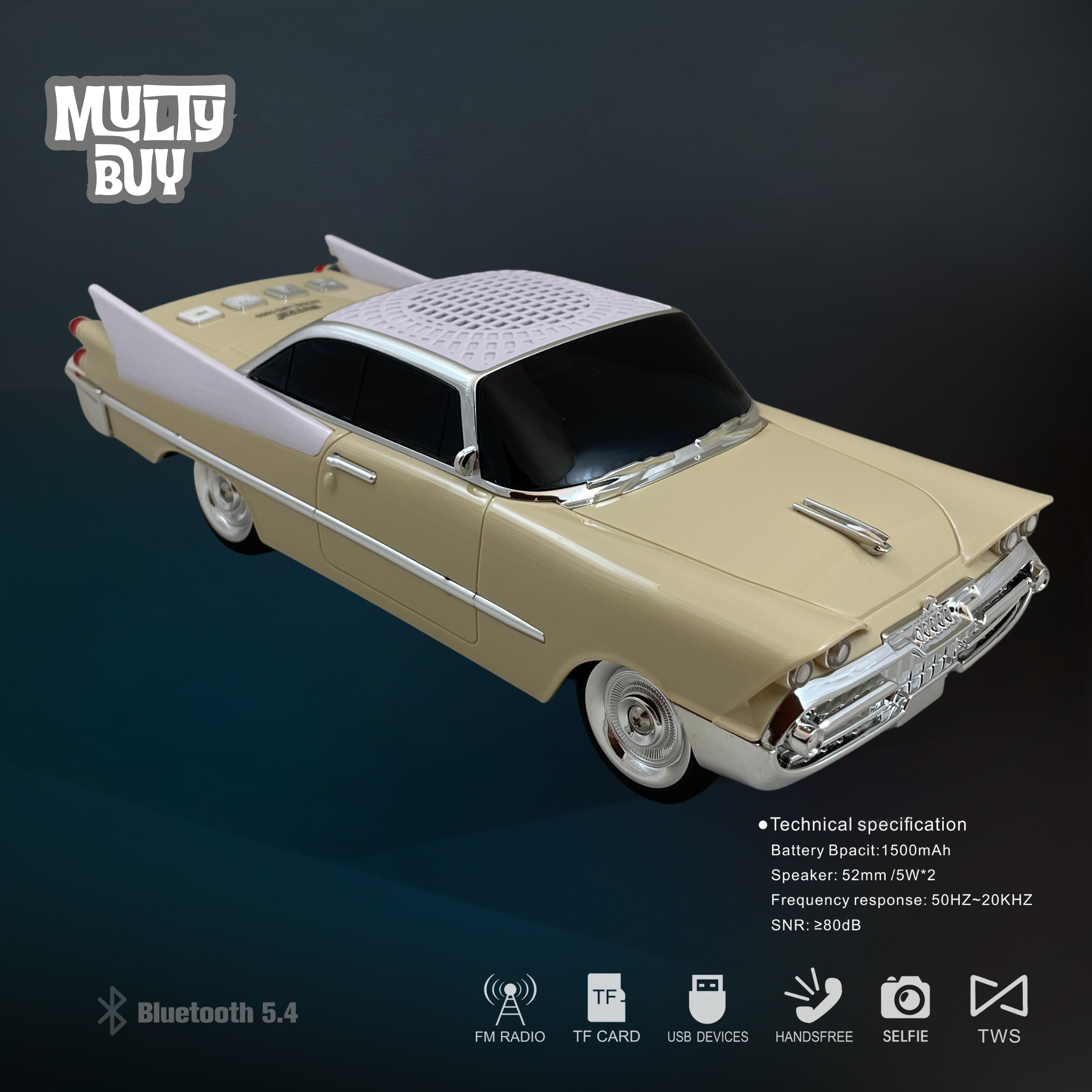 Boxă Portabilă Bluetooth Retro Car WS-1965 – cu Bluetooth, MP3, USB, Card TF, U Disk, Radio FM, HIFI Stereo, 28cm, din Plastic - Crem