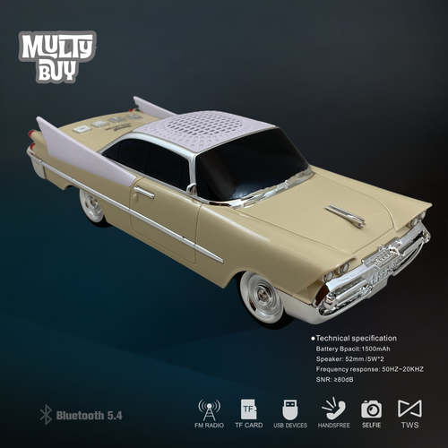 Boxă Portabilă Bluetooth Retro Car WS-1965 – cu Bluetooth, MP3, USB, Card TF, U Disk, Radio FM, HIFI Stereo, 28cm, din Plastic - Crem
