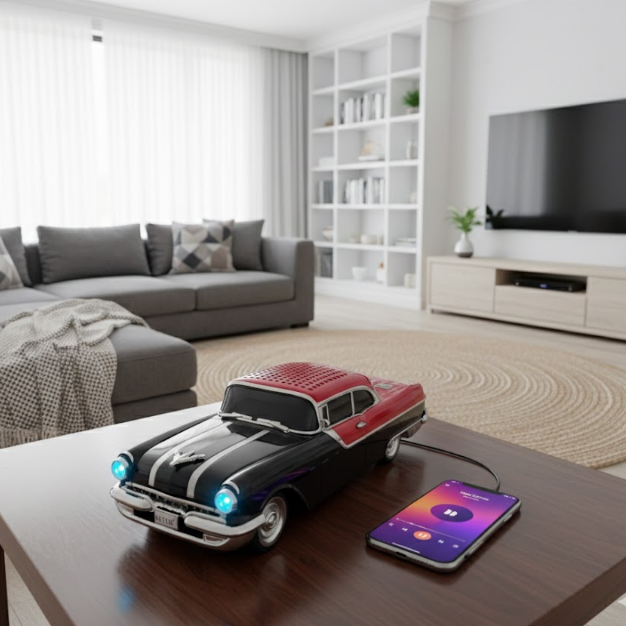 Masina-Boxa Pontiac 1955, cu Bluetooth, MP3, USB, Card TF, U Disk, Radio FM, HIFI Stereo, din Plastic, 28cm - Negru