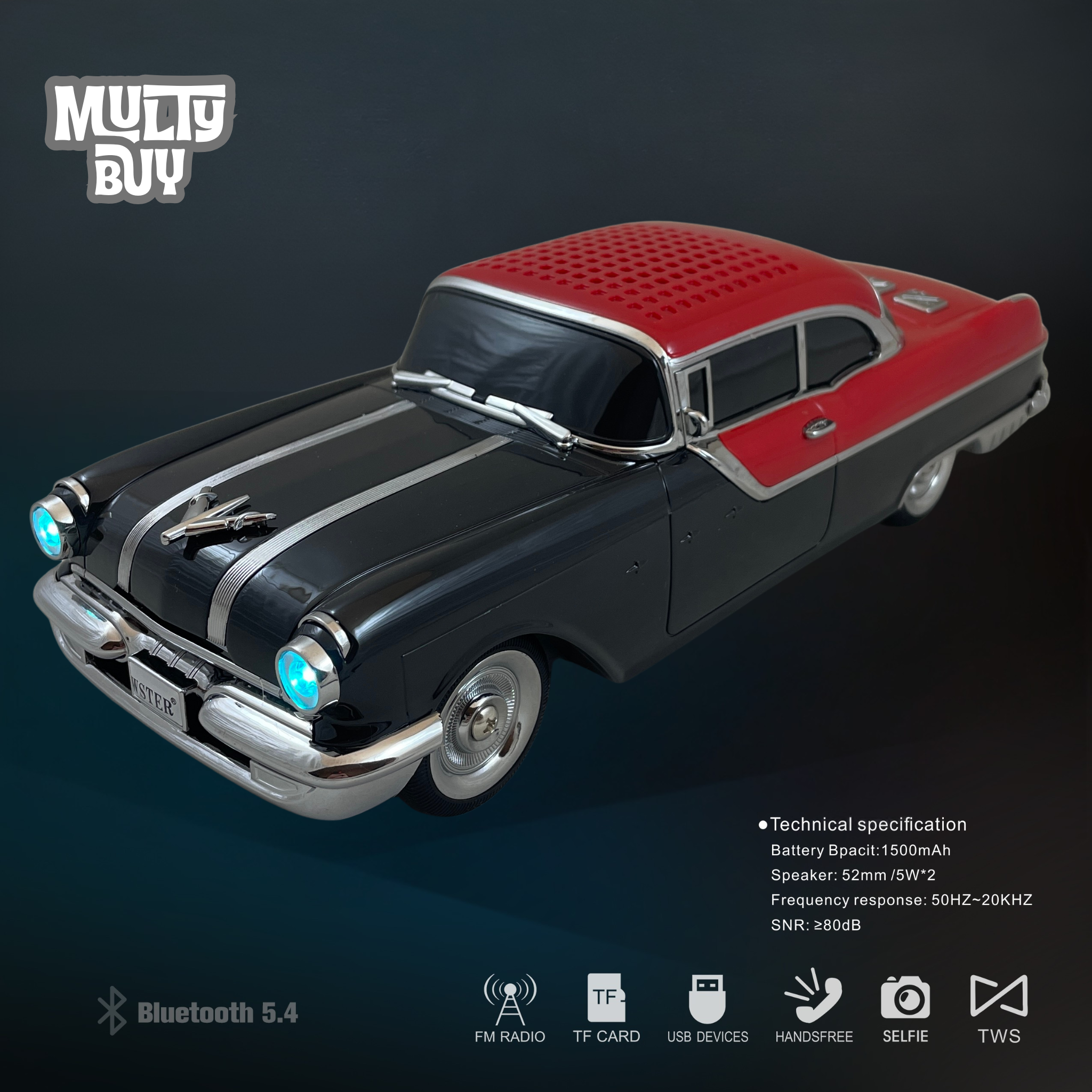 Masina-Boxa Pontiac 1955, cu Bluetooth, MP3, USB, Card TF, U Disk, Radio FM, HIFI Stereo, din Plastic, 28cm - Negru