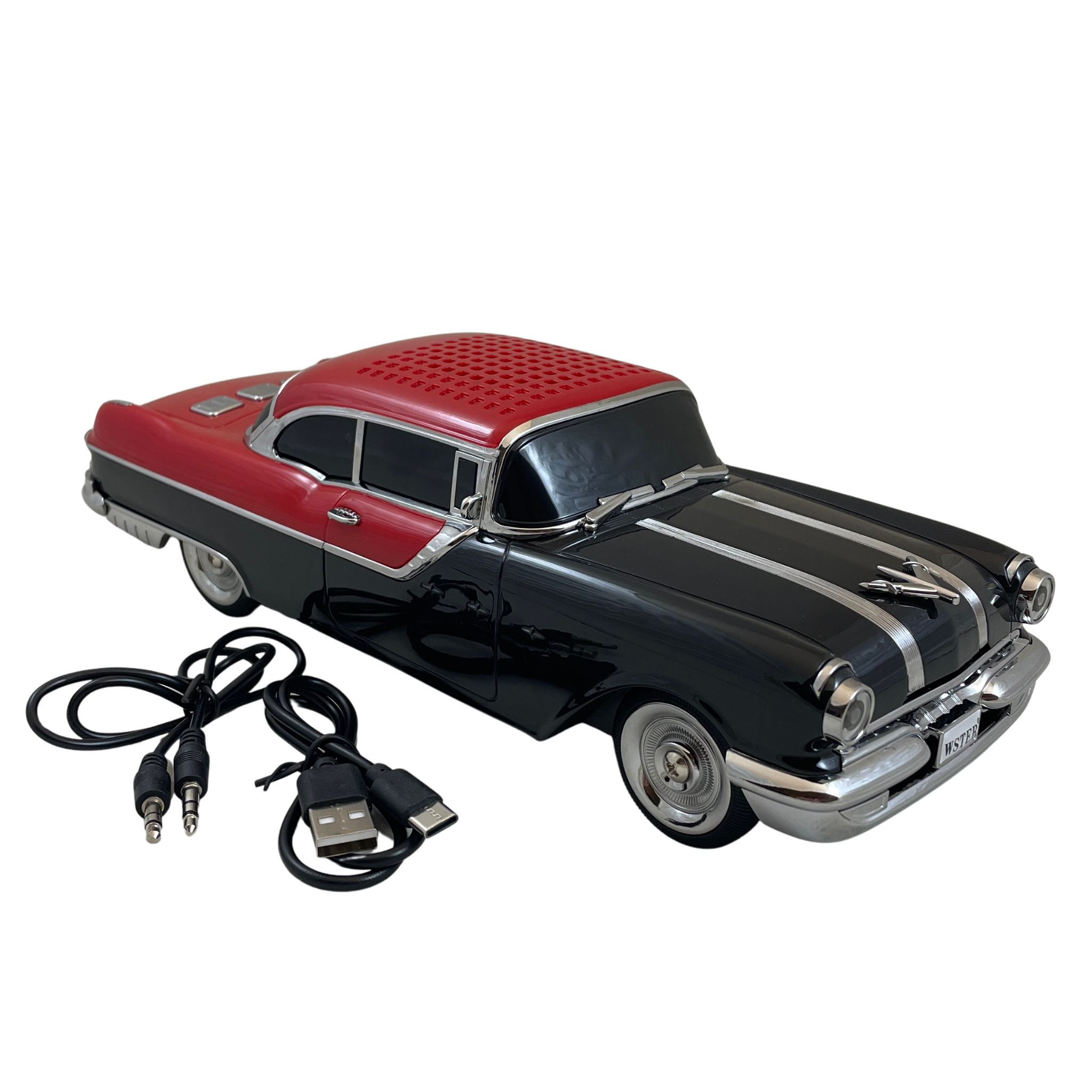 Masina-Boxa Pontiac 1955, cu Bluetooth, MP3, USB, Card TF, U Disk, Radio FM, HIFI Stereo, din Plastic, 28cm - Negru