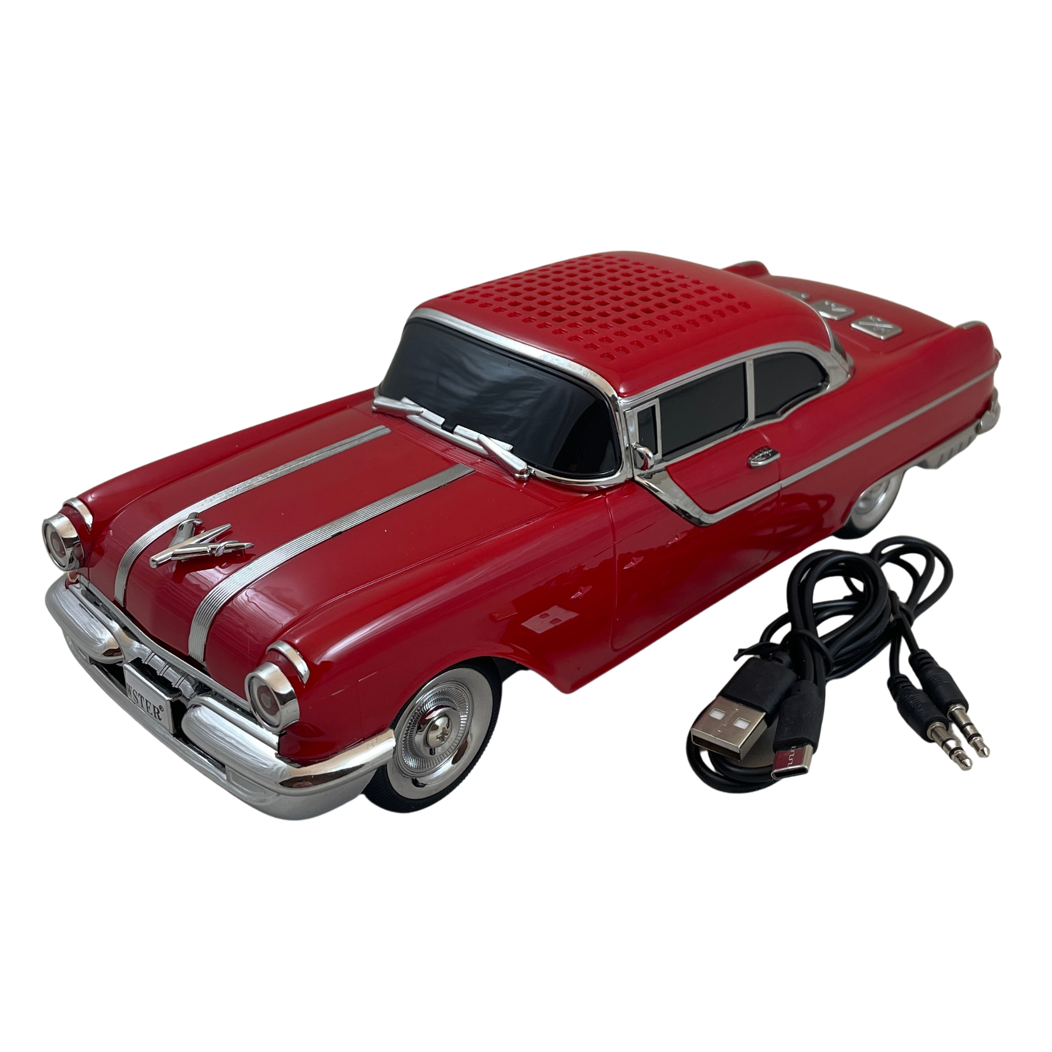 Masina-Boxa Pontiac 1955, cu Bluetooth, MP3, USB, Card TF, U Disk, Radio FM, HIFI Stereo, din Plastic, 28cm - Rosu