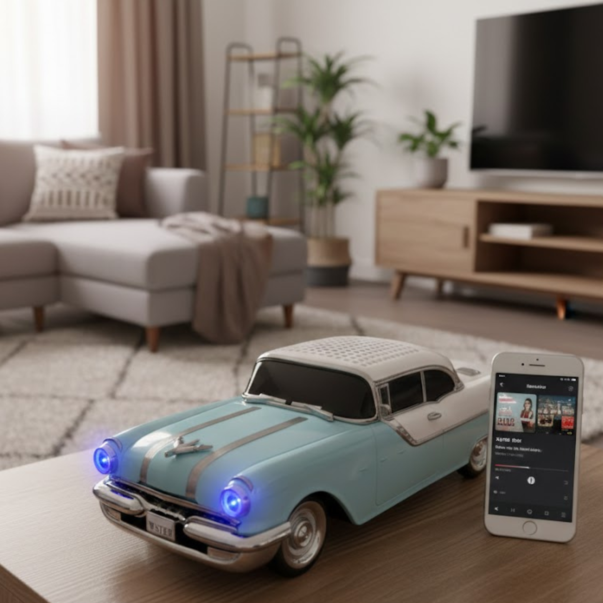 Masina-Boxa Pontiac 1955, cu Bluetooth, MP3, USB, Card TF, U Disk, Radio FM, HIFI Stereo, din Plastic, 28 cm - Albastru