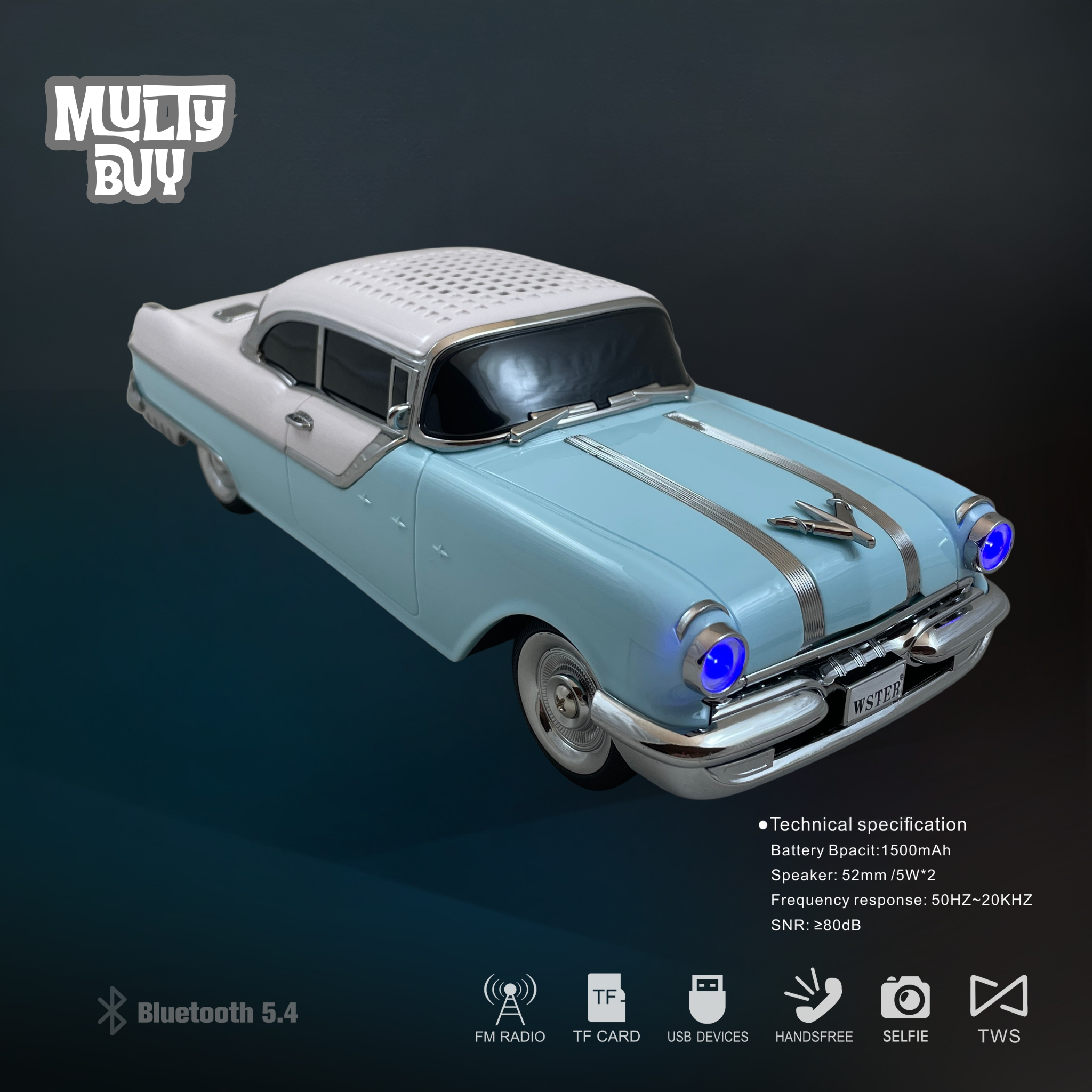 Masina-Boxa Pontiac 1955, cu Bluetooth, MP3, USB, Card TF, U Disk, Radio FM, HIFI Stereo, din Plastic, 28 cm - Albastru